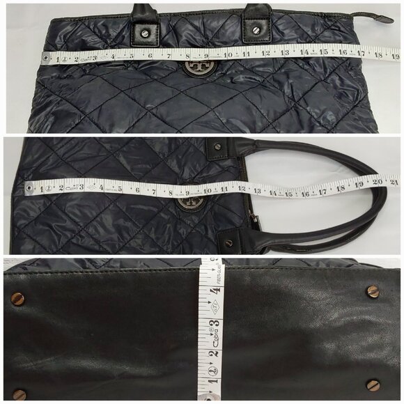 TORY BURCH TOTE BAG LEATHER & NYLON NAVY BLUE DOUBLE SHOULDER STRAPS - Picture 13 of 14